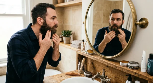 man doing beard care routine