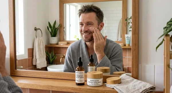 man doing skincare with organic products