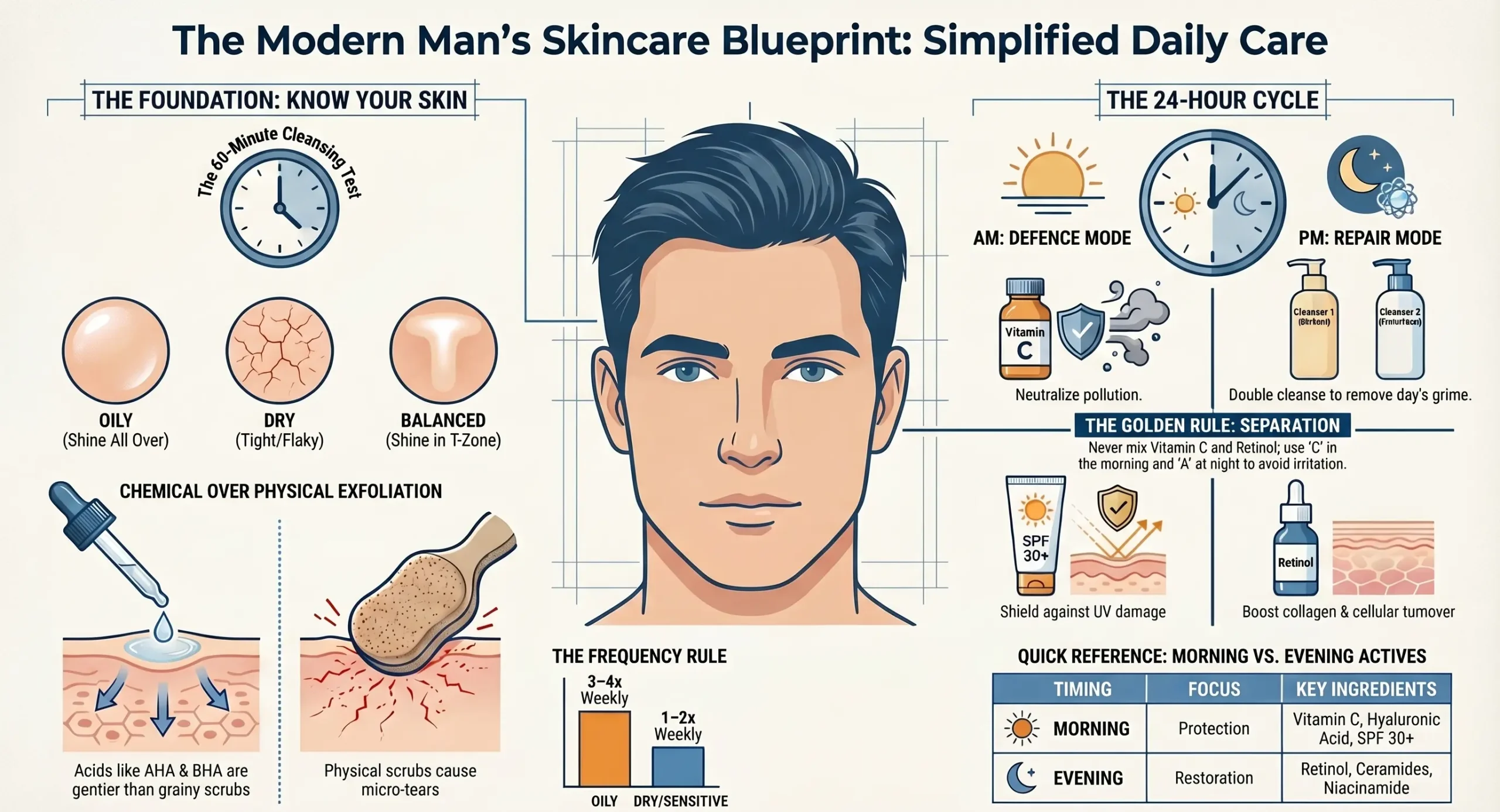 Men's skincare routine at morning and night