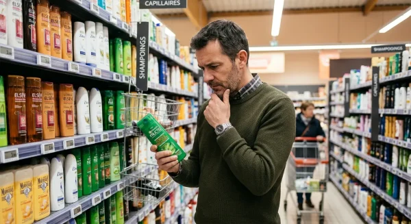 man buying sulphate free shampoo