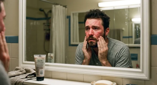 man with harmed skin caused by scrubing