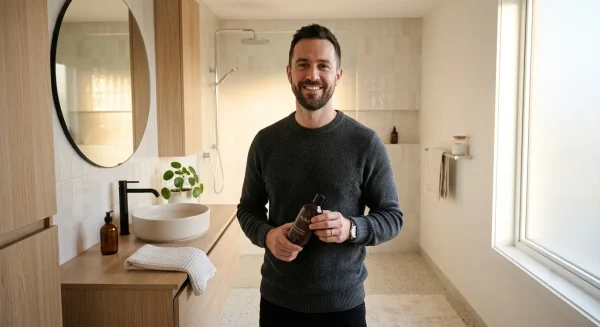 man with organic body wash in shower