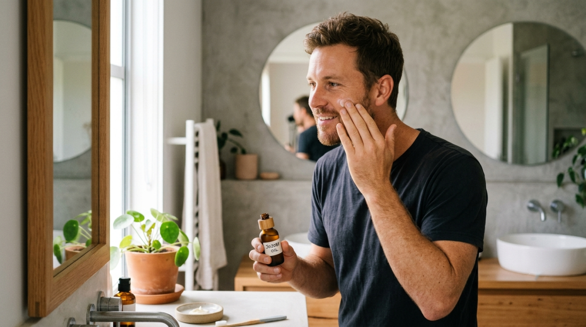 man doing skincare products