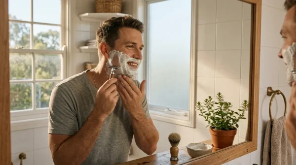 Australian man wet shaving with safety razor and shaving cream, comparing wet shave vs electric razor