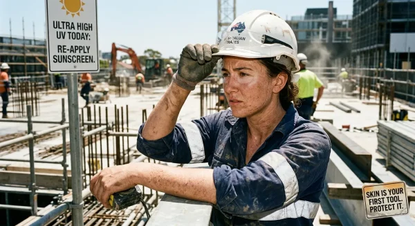 Australian tradie on a worksite with sun-exposed skin, representing the need for tradie skin care