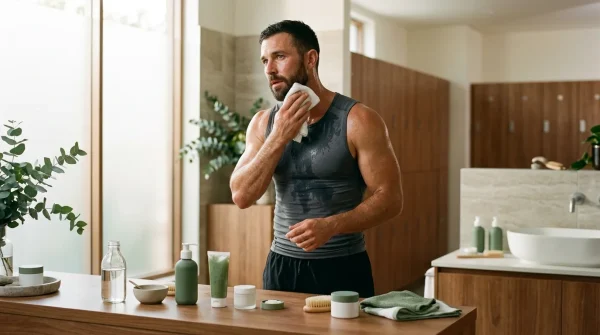 Australian man wiping sweat after workout, post-workout skincare routine for men