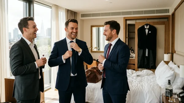 Groom and groomsmen getting ready for wedding, grooming guide for the big day