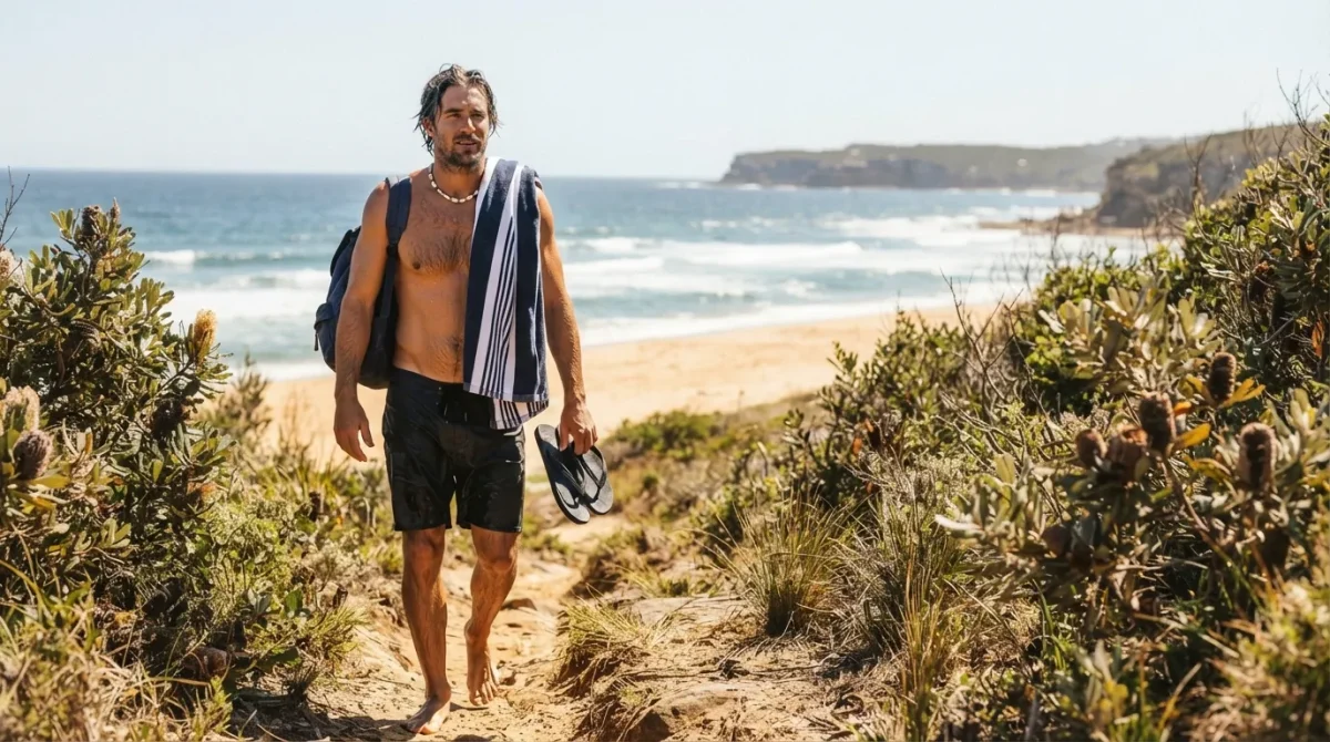 Australian man at the beach in summer, summer skincare routine for men