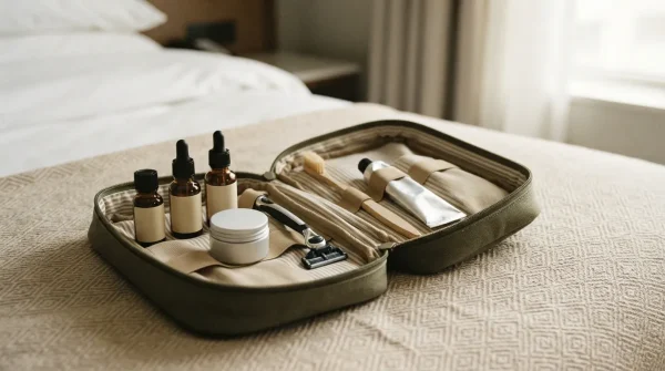 Men's travel grooming kit packed in toiletry bag, travel size skincare essentials